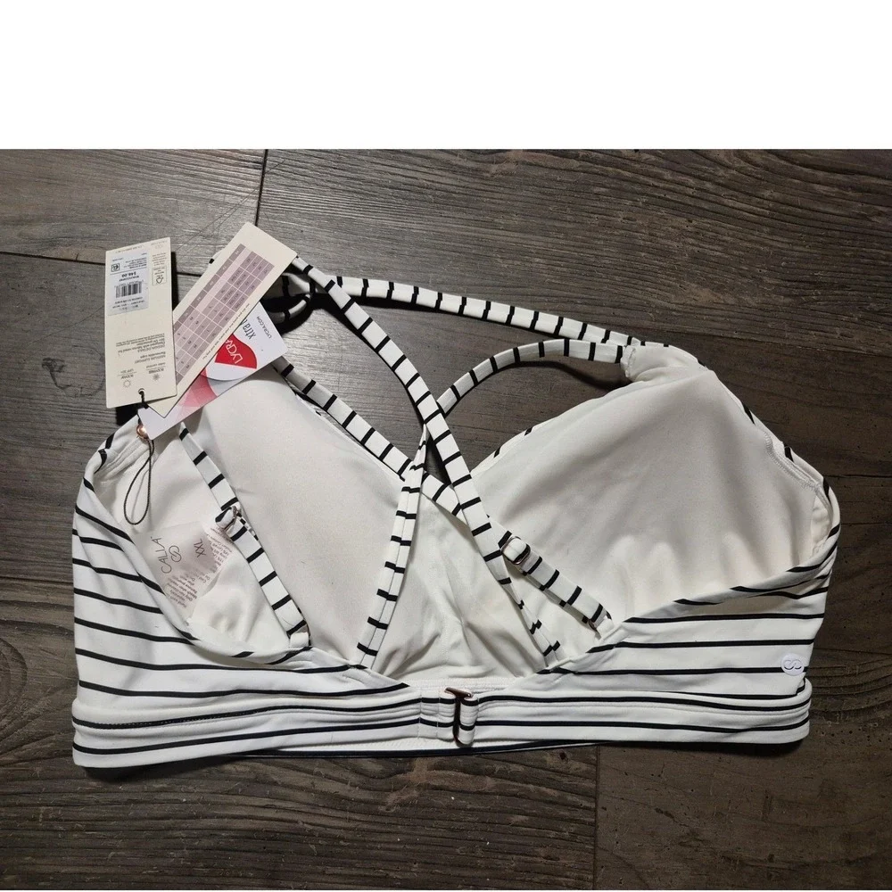 CALIA Bikini Top White Black Striped V-Neck Crisscross Back XXL